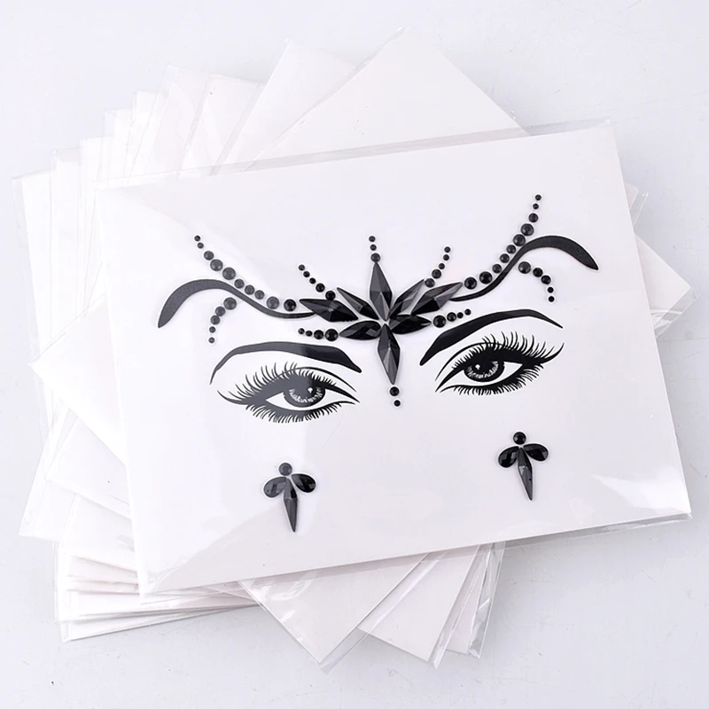 3D Sexy Face Tattoo Stickers Black Face Jewels Temporary Tattoos Glitter Fake Tattoo Rhinestones For Woman Party Face Gems Tatoo