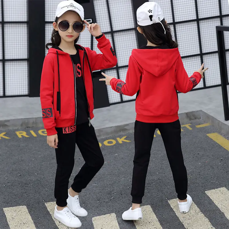 Children\'s Hooded Cotton Tracksuit Girls Fashion Cartoon Zipper Three Piece Teenage Kids Clothes Sets Spring Autumn 11 12 Years