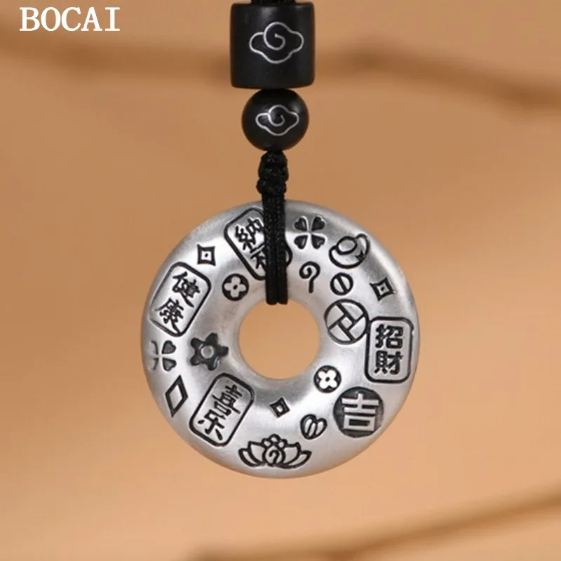 S990 Silver Retro Joyful Peace Auspicious Words Peace Buckle Pendant