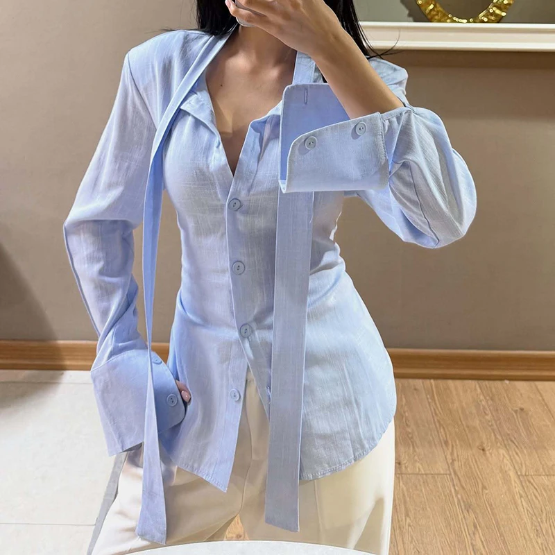 

Модная весенняя блузка на шнуровке, однотонная, с V-образным вырезом, приталенная, женская рубашка для офиса, элегантная, на одной пуговице, с завязками на талии