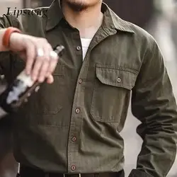 Vintage Patches Pockets Cargo Shirts Mens Clothing Spring Fall Long Sleeve Casual Shirt Streetwear Men Fashion Solid Color Shirt