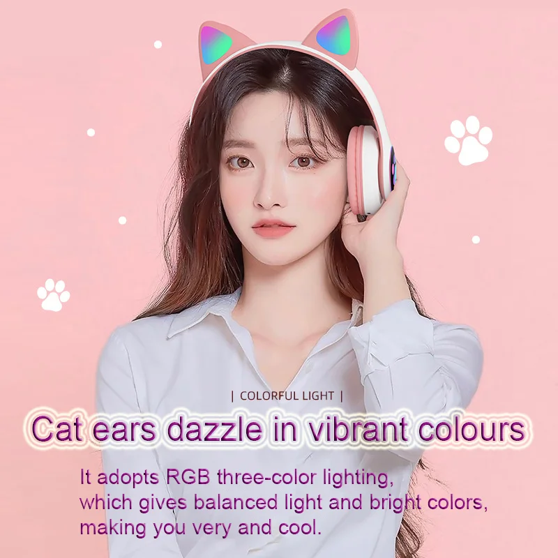 Flash Lamp Bluetooth Headphones Cute Cat-Ears Wireless Headsets With Mic Stereo Earphone For Kids Girl Birthday Gift Support TF