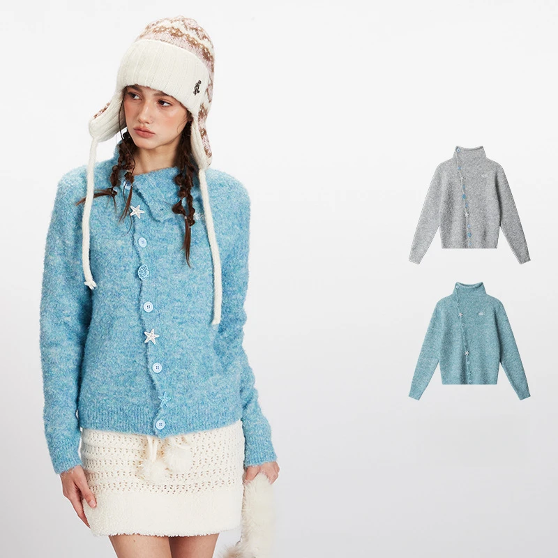 

Новое поступление, женский зимний вязаный кардиган с высоким воротом, светло-голубой цвет морской звезды, корейский ленивый милый универсальный теплый топ