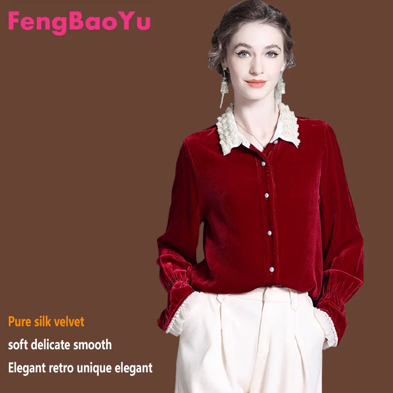 Fengboyu Luxe zijden fluwelen damesoverhemd met parelkraag Top met lange mouwen Elegant Hoogwaardig Modieus Zakelijk Casual