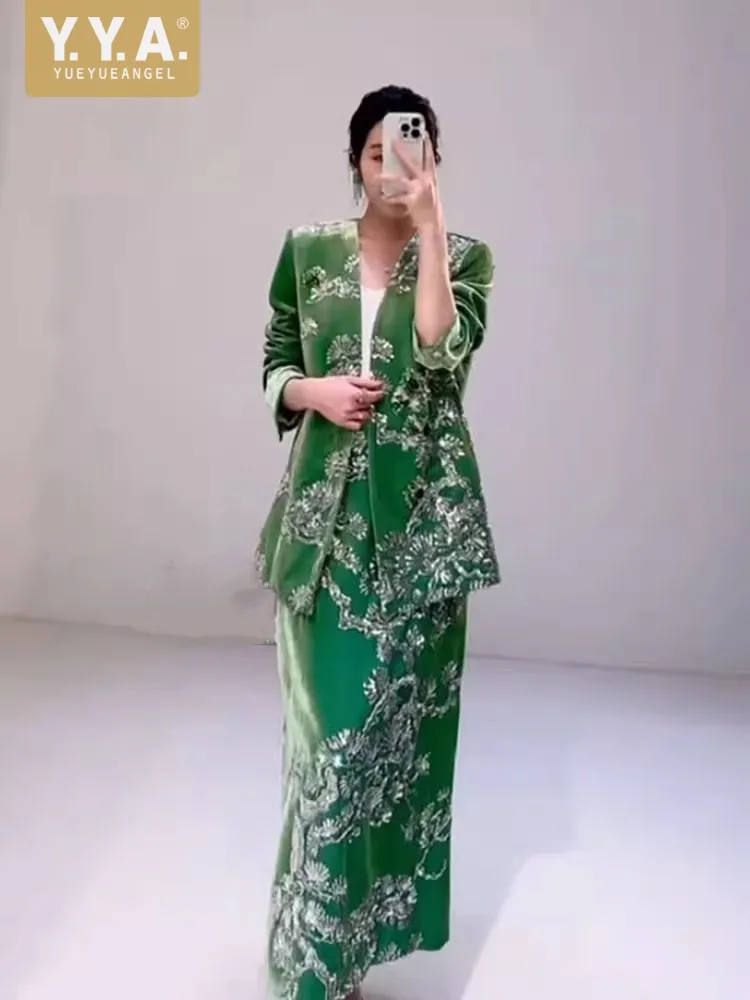 2025 New Chinese Style Women Sets Spring Summer Loose Fit Sequin Long Sleeve Two Piece Set Elegant Office Ladies Mid-Calf Outfit