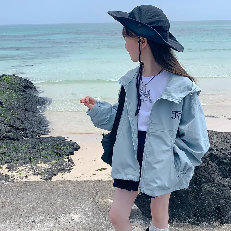 2025 Autumn New Girls Outdoor Jacket Solid Color Bow Hooded Zipper Coat For 3-12 Years Teen Girls Spring Casual Overcoat