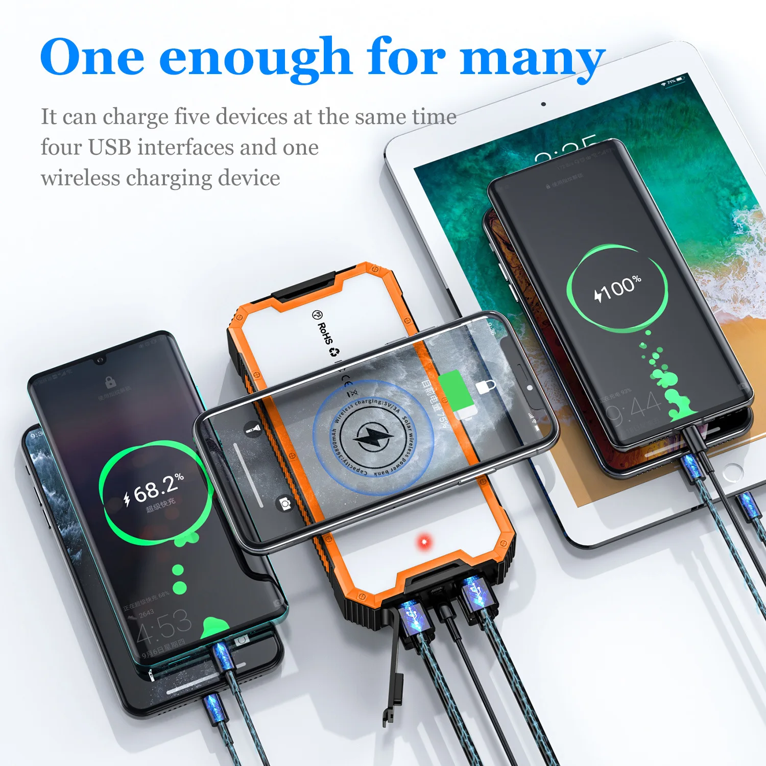 36800mAh Large Capacity Waterproof Solar Power Bank, 200000mAh Fast Charging Battery