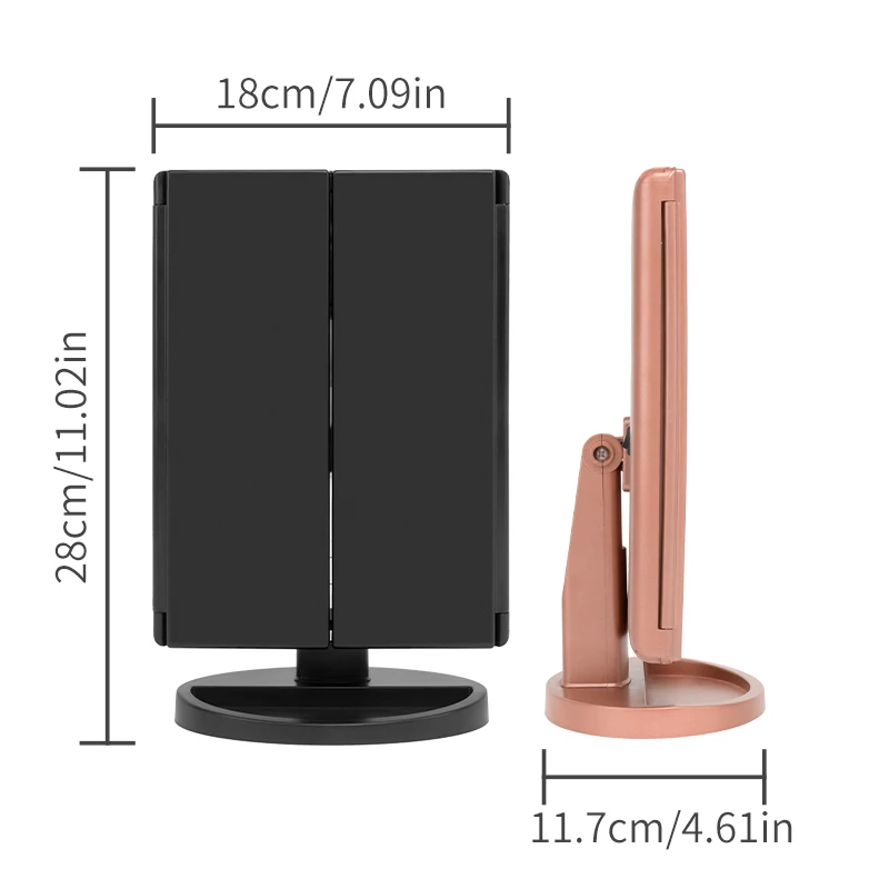 Desktop Triple Fold Makeup Mirror 2X/3X Magnification True-View Lighting Battery or USB Powered Portable Desktop Dressing