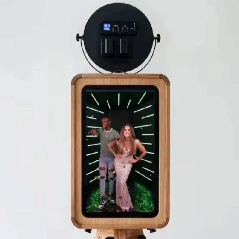 

Double-sided vintage wooden photo booth with mirror photo booth with same printer stand
