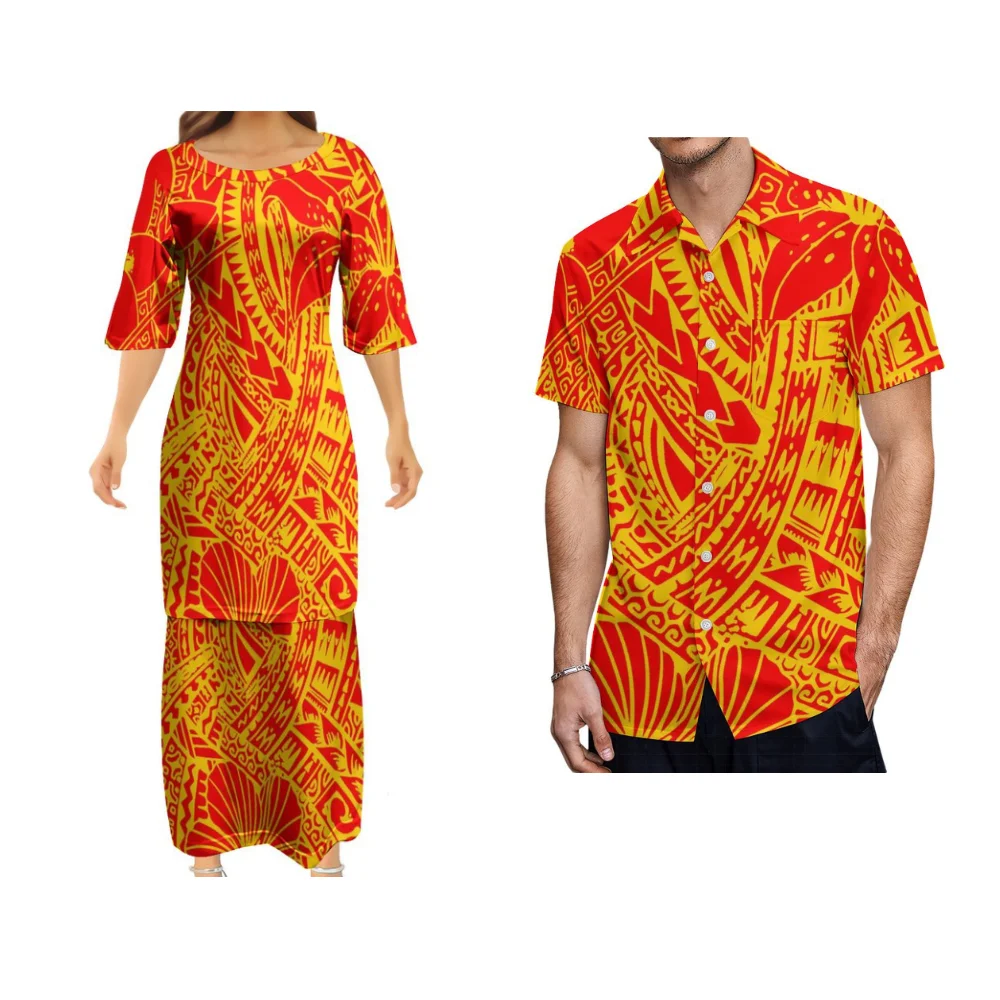 Ensemble imprimé floral tribal personnalisé pour couple, chemise de poche pour hommes, jupe décontractée, dames de Samoa Club Puletasi