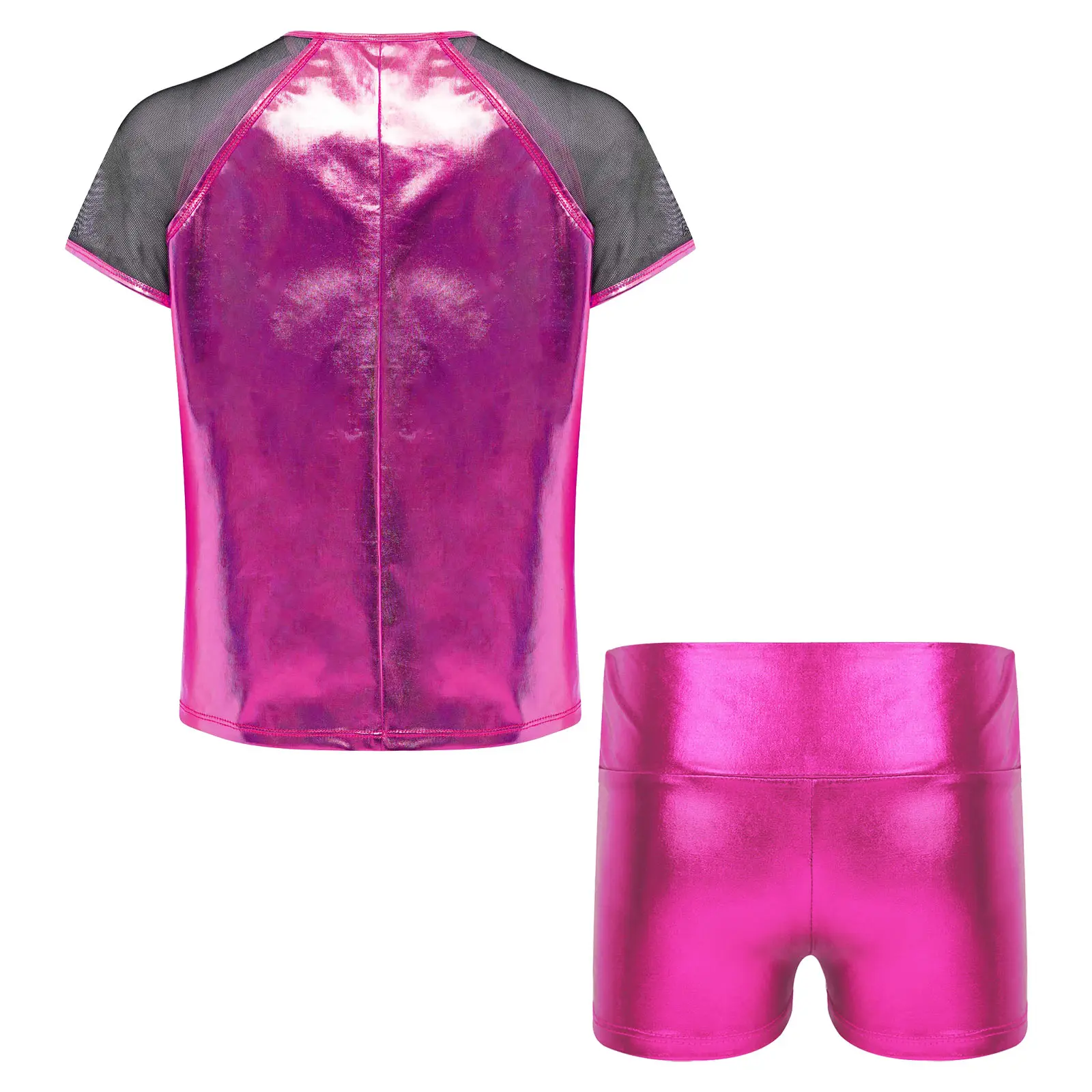 Kids Hip-Hop Jazz Dance Outfits School Party Street Dancewear Sheer Mesh Short Sleeves Metallic T-shirt Blouse with Shiny Shorts