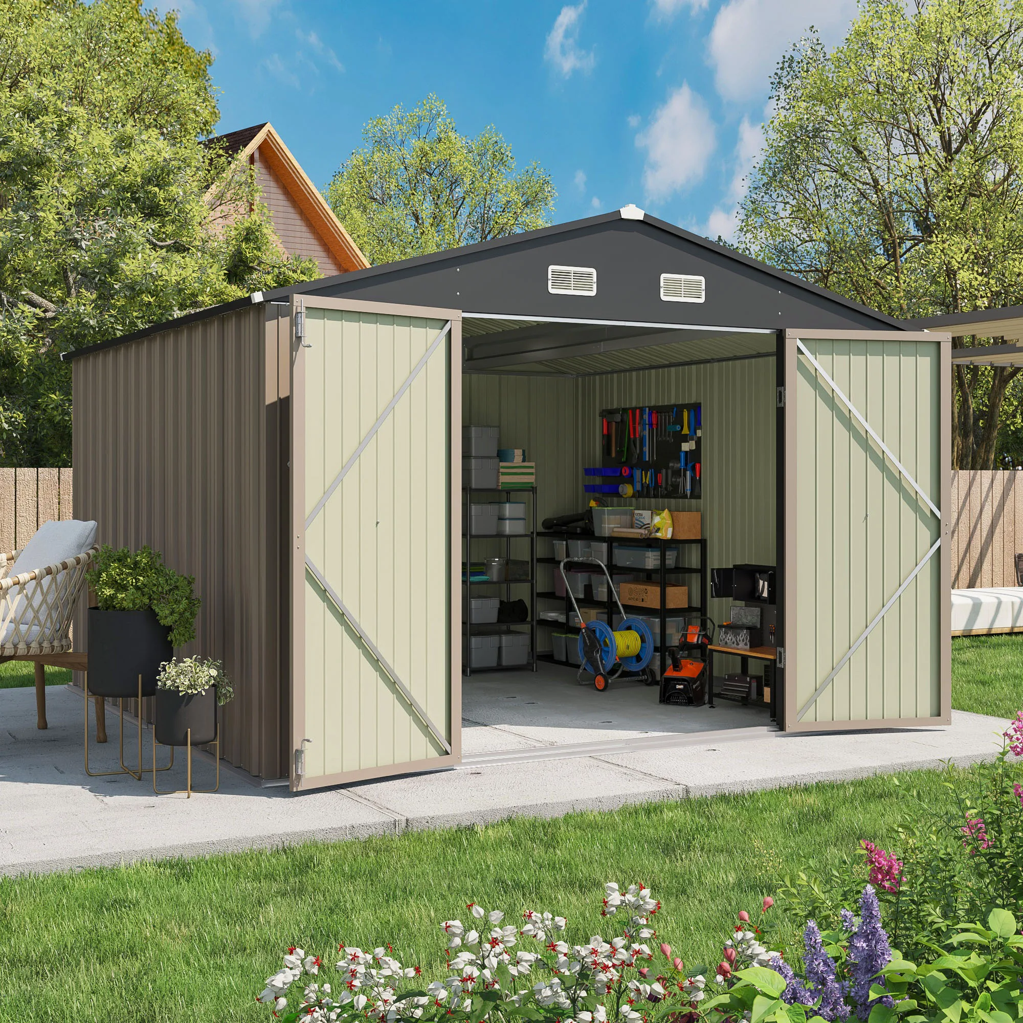 

10' X 10' Metal Outdoor Storage Shed, Steel Garden Shed With Lockable Door, Utility And Tool Storage For Garden