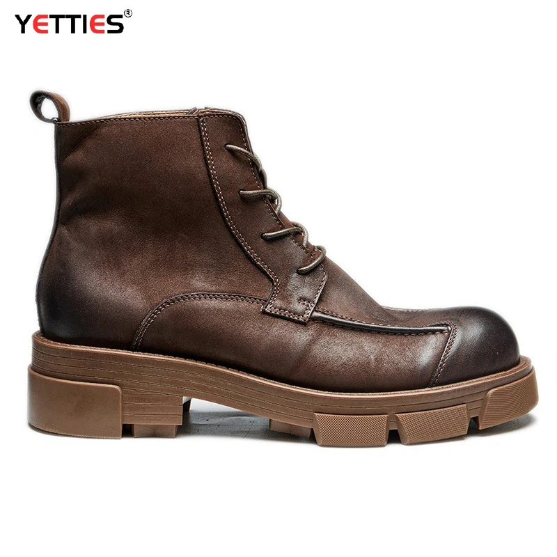 Men's British Style Combat Boots Genuine Leather Chunky Sole Height Increase Soft Leather Motorcycle Work Ankle Boots for Autumn