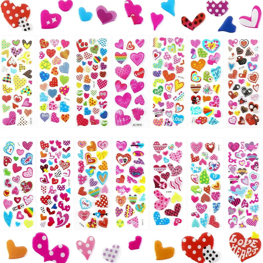 Heart Shape Stickers 8 Sheets Valentine Love Sweet Hearts Stickers for Kids Children Cute Puffy Colorful 3D Valentine's Day Craf