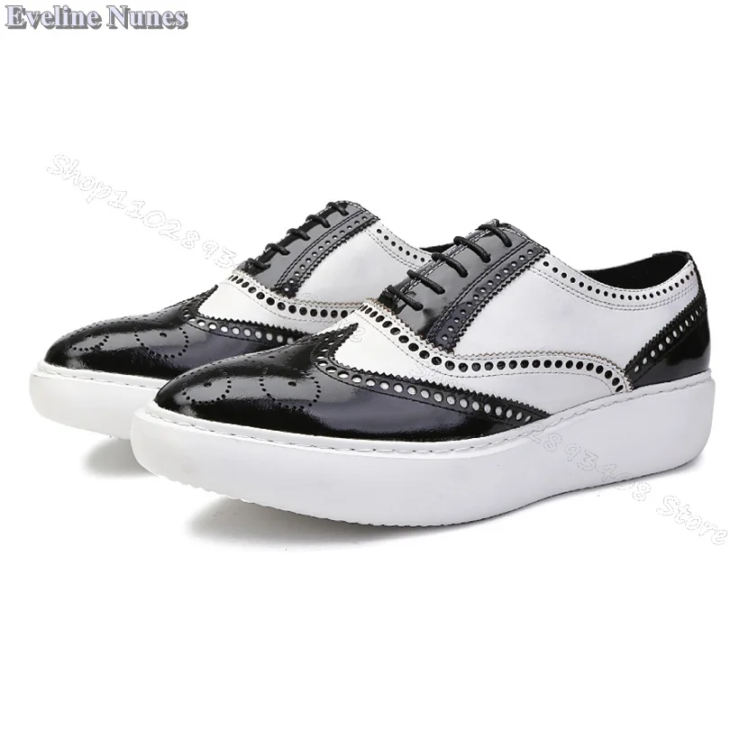 Bicolor Splicing Footwear Flats Round Toe Lace up Personality Male Shoes Spring Carved Casual Shoes Size 37-44 Zapatillas Mujer