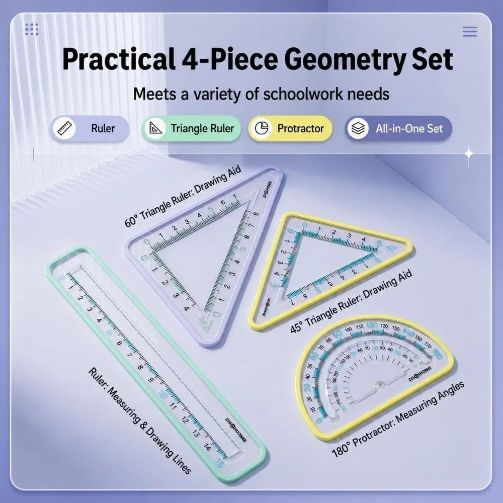 4Pcs Plastic Ruler Set Non-Slip Soft Wrapped Edge Geometry Ruler Kit Math Drawing Stationery Straight Triangle Protractor Set