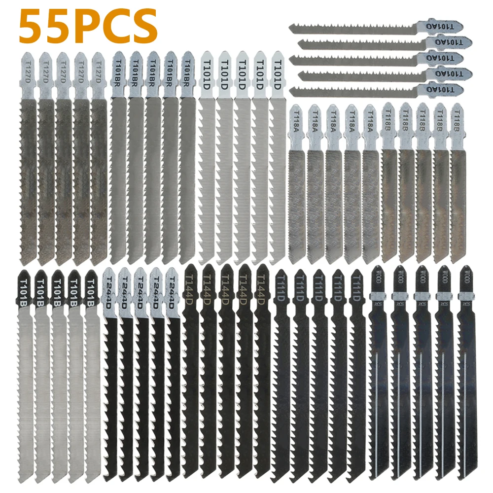 

55Pcs Jig Saw Blade Set HCS/HSS Assorted Saw Blades with T-shank Fast Cut Down Jigsaw Blade Woodworking Tool for Wood