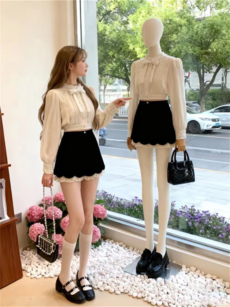 

Sweet Style Women's Knot Shirt And Half Skirt Set Spring New High-End Feeling Elegant Dressing One Whole Set