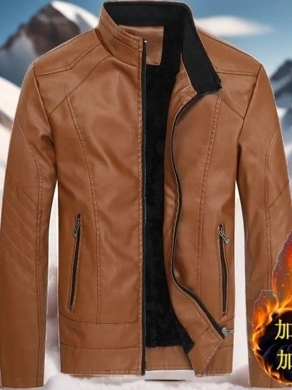 

Winter Thiened Fce Lined Leather Jaet Men's Motorcycle Sle Slim Fit Casual Long Sve Zipper Closure Cleanfit