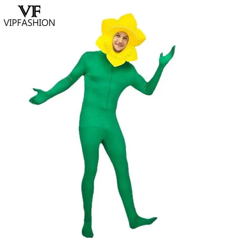 VIP FASHION-Disfraz divertido para hombre, traje de Halloween, Carnaval, girasol, mono de cubierta completa, disfraz Zentai para adultos con tocado