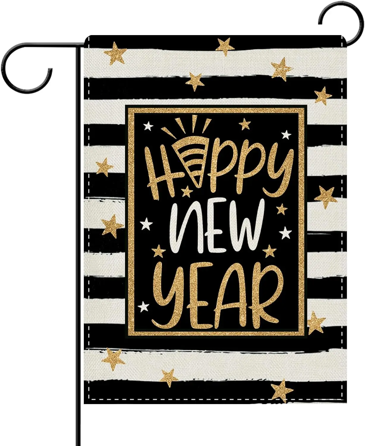 Dyrenson Happy New Year 2026 Decorative Garden Flag, Black White Stripes Glitter Stars Yard Outside Home Decoration, Christm IIC