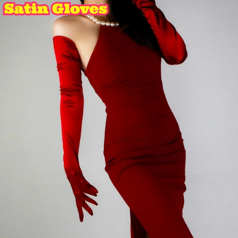 

Satin Gloves 70cm Extra Long Stretchy Faux Silk Pearlescent Burgundy Dark Red Evening Dress Wedding Prom Party Elegant Lady New