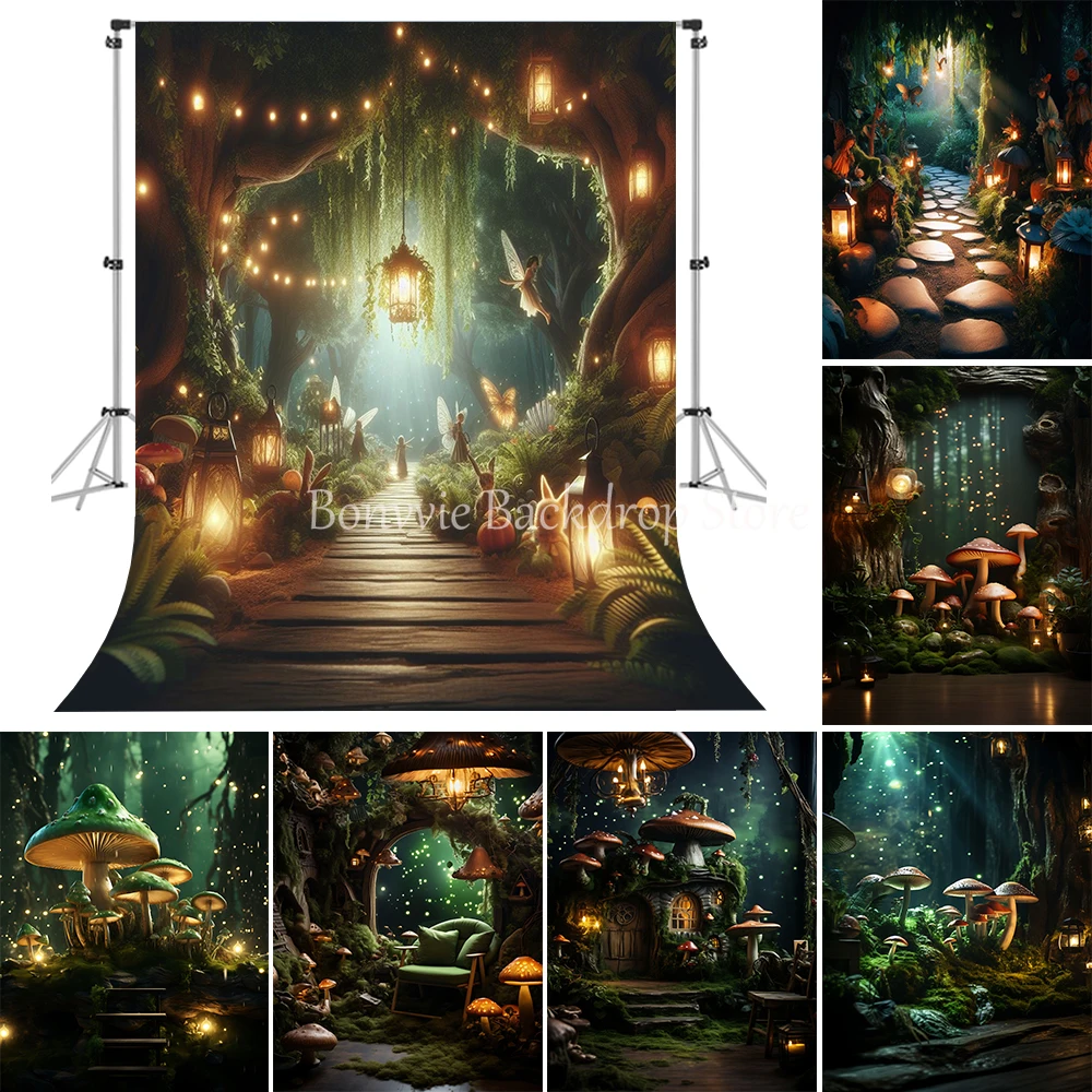 

Bonvvie Fairy Tale Forest Dreamy Natural Jungle Forest Wonderland Mushroom Backdrops Baby Birthday Party Photography Background