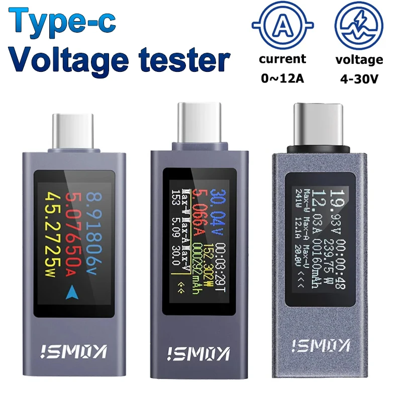 DC 4-30V 12A Type-C Voltage Meter Current Voltage Capacity Battery Tester Volt Current Voltage Tester Charger Capacity Tester