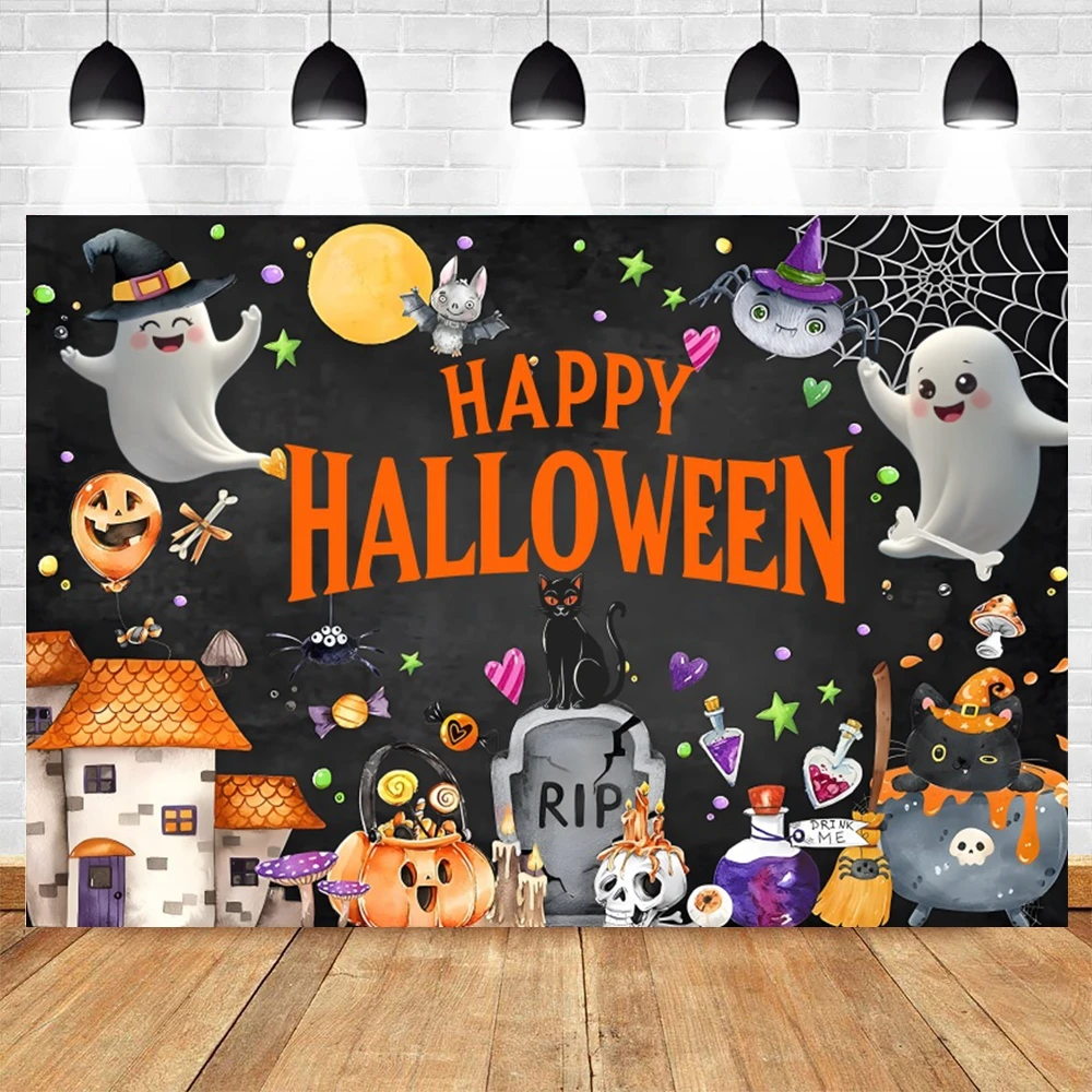 Halloween Photography Backdrop Cartoon Horror Pumpkin Witch Night Ghost Party Home Decoration Children Portrait Photo Background