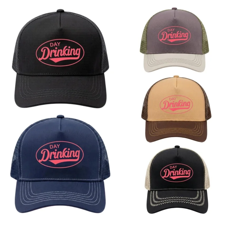 Drinking Day Printed 5 Panel Trucker Mesh Hat Adjustable Snapback Dad Hat Breathable Fishing Outdoor Sun Baseball Cap