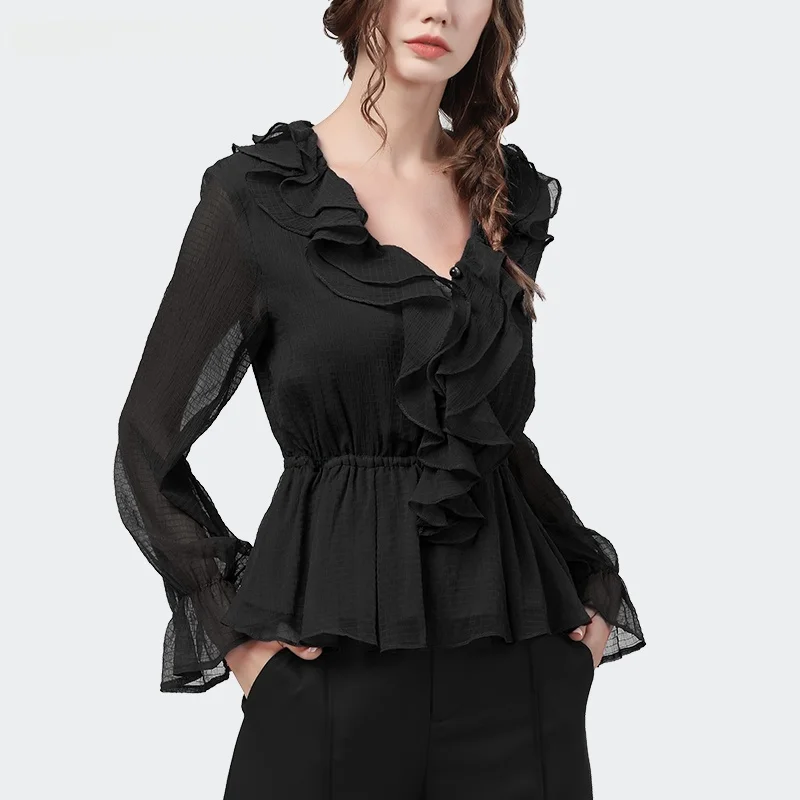 Faionable v-ne chemisier en mousseline de soie femmes minceur cloche Sve ourlet à volants irt coréen Sle coupe droite longue Sve haut