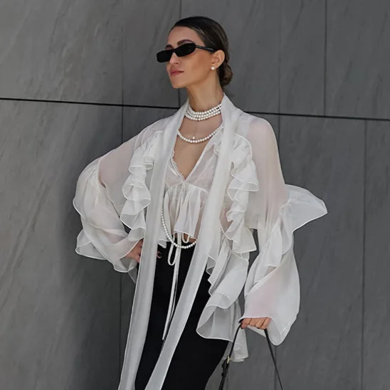 

2026 White Ruffle Shirt Women's Sexy See Through Ribbon Lace-up Casual Blouses Summer Elegant New Patchwork Female Shirt