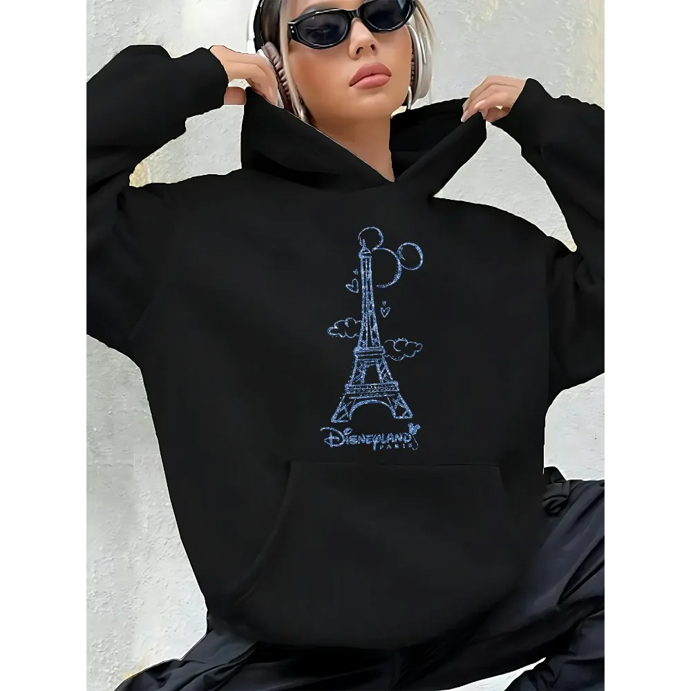 Sweat à capuche en coton pour femme, château de la tour Eiffel Disney, Mickey Mouse, haut chaud, noir et blanc, superbe Match, automne/hiver