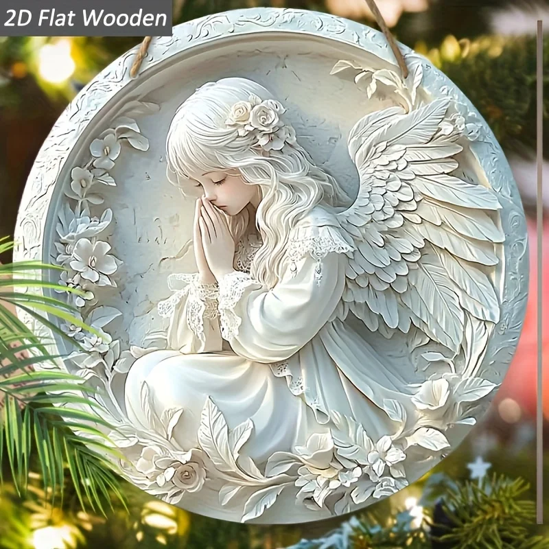 2D Flat, 2D Flat Angel-Themed Wooden Hanging Plaque - Religious Multifunctional Door Sign Suitable for All Holidays, Ramadan & E
