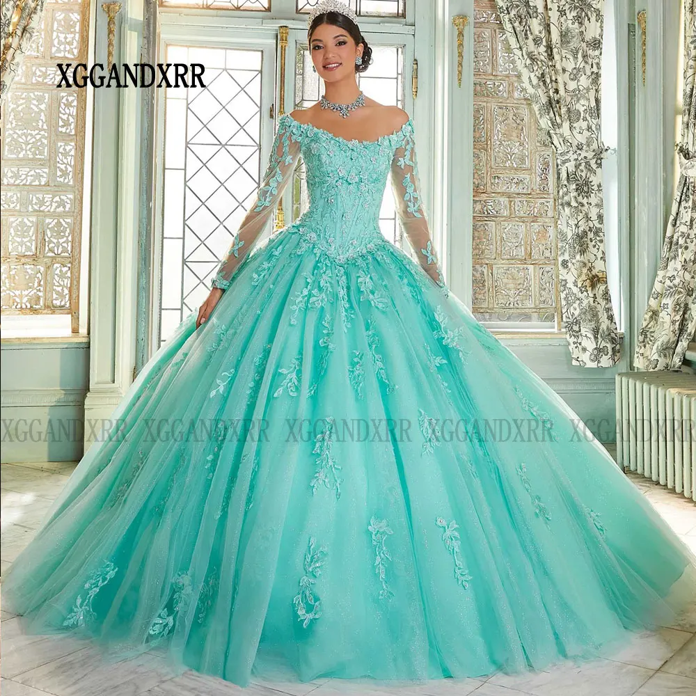 Long Sleeves Aqua Three Dimensional Lace Quinceañera Dress XGGandXRR Vestidos De 15 Quinceañera Fiesta Ball Gown Sweet 16 Dress