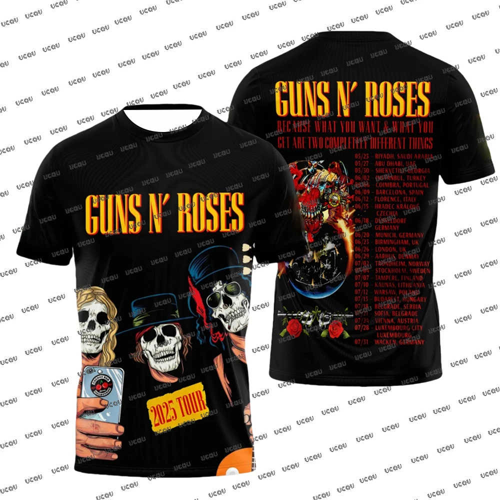 Guns N 'Roses 2025 قائمة جدول جولة العالم التي شيرت المشجعين هدية تي شيرت موضة الرجال والنساء ملابس الحفل عادية المتضخم