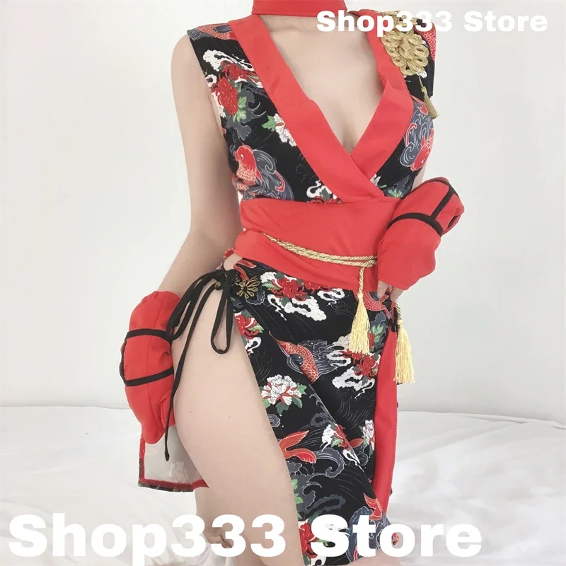 

Women Sexy Lingerie Cosplay Kimono Set Plus Size Bodysuit Women Underwear Japan Short Dress Lace Skirt Open Sleepwear Mini Dress