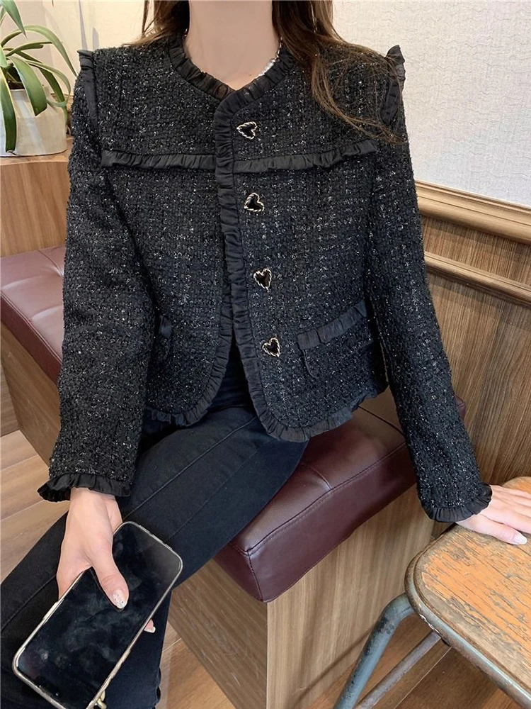 Zoki Vintage Ruffles Tweed Jacket Women Casual Long Sleeve Patchwork Sweet Coat Korean O Neck Retro Lady All Match Black Outwear