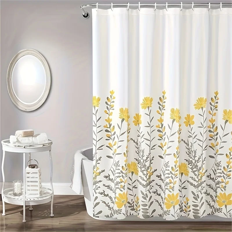 Floral Shower with Hooks - Waterproof, Machine Washable Polyester Bath Curtain in Yellow & Gray - Perfect for All Season