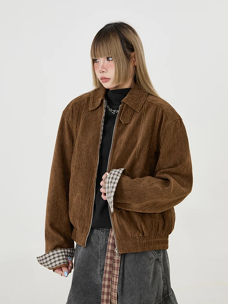 Retro American Brown Faux Suede Harrington Jaet Loose Casual Outerwear for Couples Trendy Polyester Blend Long Sve