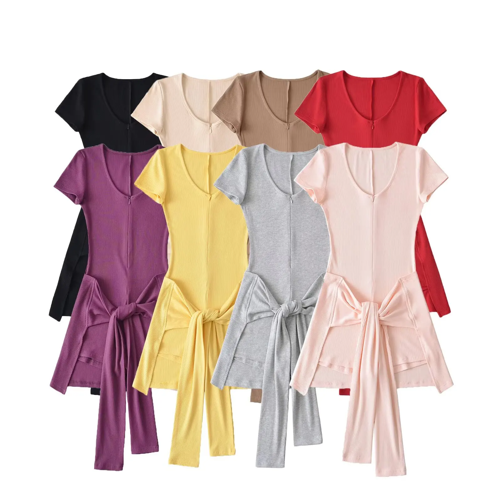 

Slimming Two-Piece Jumpsuit with Waist Tie Yoga Sportswear for Women Sweet Style High Waist Short Pants Thin Fabric