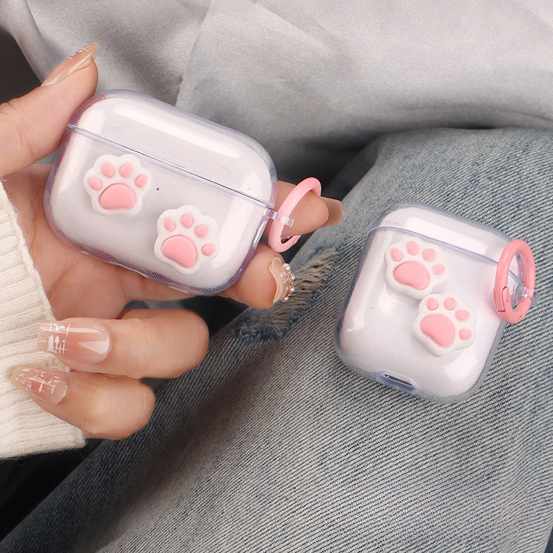 เคสหูฟังอุ้งเท้าสีชมพูน่ารักสำหรับ airpods 1 2 Pro 2เคสใส TPU Air pods 3หูฟังบลูทูธพร้อมพวงกุญแจ