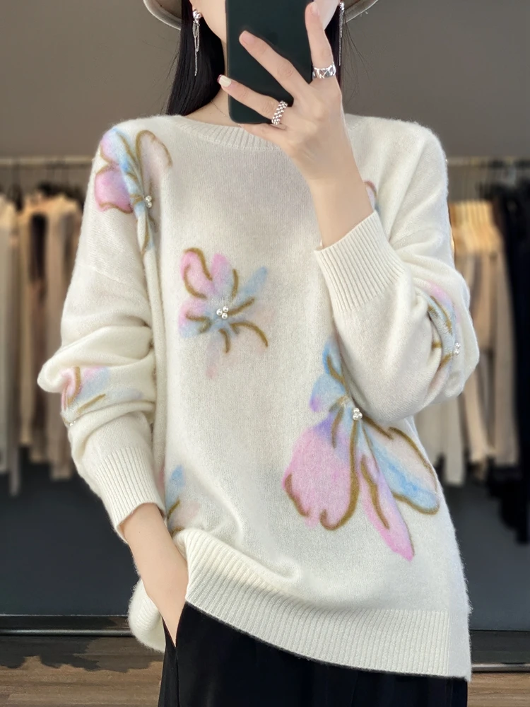 Yoyoselect Neue Herbst Winter Frauen 100% Merino Wolle Pullover Oansatz Casual Pullover Perle Blume Strickwaren Koreanische Lose Kleidung