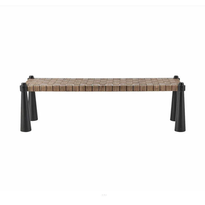 Medieval solid wood rattan shoe changing stool, Nordic bedroom bedside stool