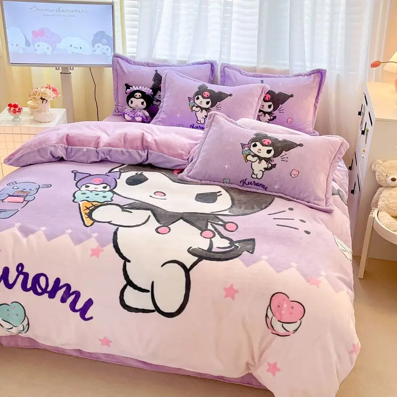 

Постельное белье Kuromi Cinnamoroll из молочного бархата, 4 шт., мультяшное двустороннее бархатное покрывало для кровати, простыня, набор из трех предметов для общежития