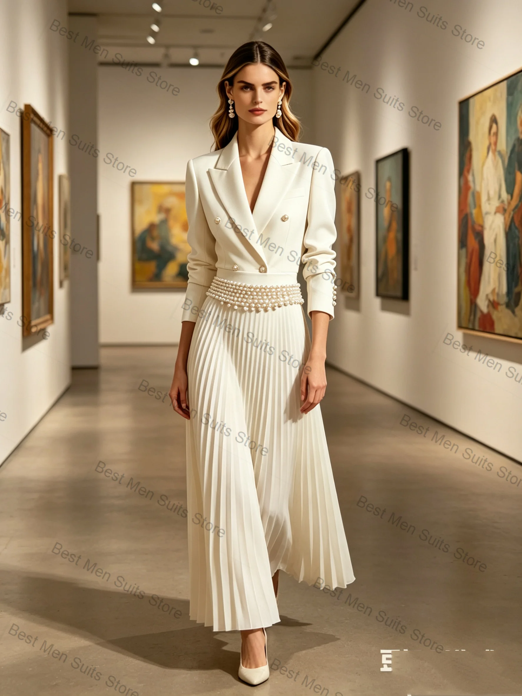 White Pearls Women Suit Skirt Set 2 Pcs Blazer Pleated Prom Dress Formal Office Jacket Customized Wedding Tuxedo Guest Coat