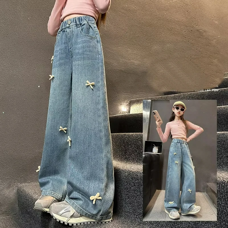 2025 New Spring&Autumn Girls Jeans Kids Three-dimensional Bow Denim Pants Teen Children Straight Leg Loose Wide-leg Pants