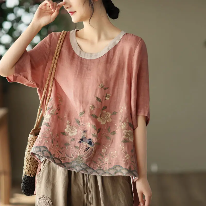 T-shirt in lino di cotone ricamato da donna autunno 2024 o-collo allentato Pullover a mezza manica Hanfu abiti tradizionali cinesi