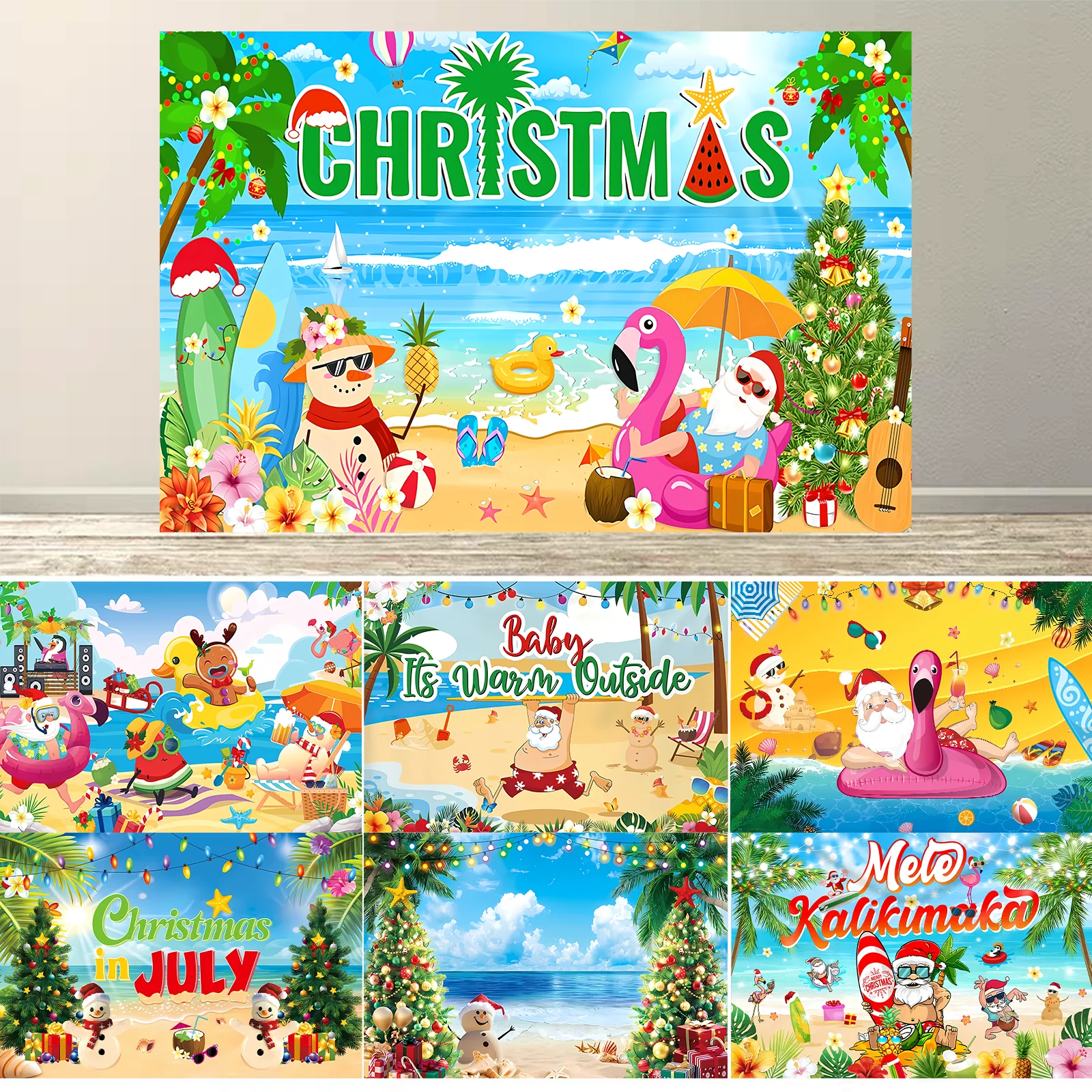 

Summer Christmas Beach Backdrop Party Decorations Seaside Xmas Tree Snowman Holiday Party Background Banner Decorations Props