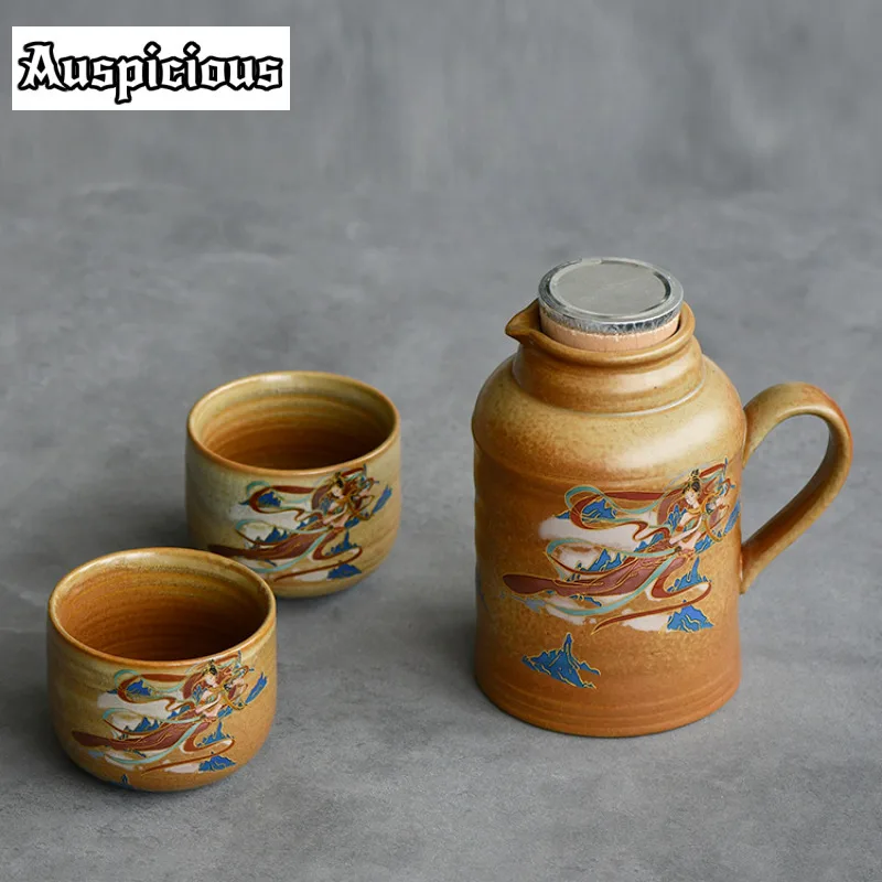 Dunhuang Apsaras مجموعة وعاء دافئ صغير المنزلية السيراميك وعاء الماء البارد خمر حفل الشاي 1 وعاء 2 أكواب الشاي جمع الهدايا